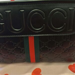 Black Embossed Leather Belt Bag with Green and Red Stripe